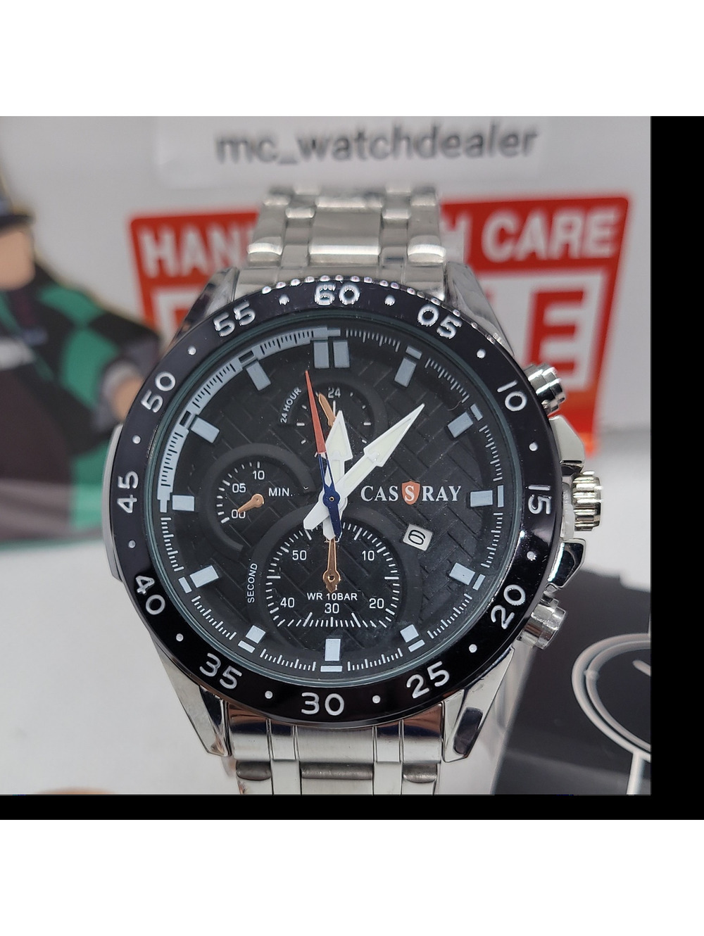 415 cassray sports chronograph black dial silver bracelet 10bar men's wristwatch